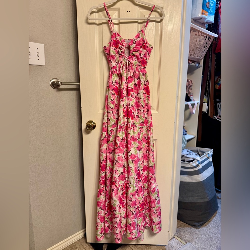 Vibrant Floral Maxi Dress w/ Cross Up Tie Front - Picture 2 of 4